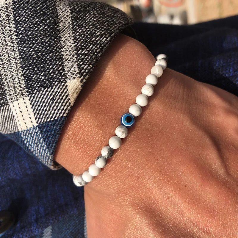 Men’s Natural Stone Beaded Bracelet with Evil Eye