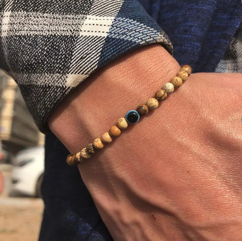 Men’s Natural Stone Beaded Bracelet with Evil Eye