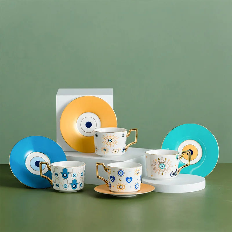 Evil Eye Ceramic Coffee Cup and Saucer Set