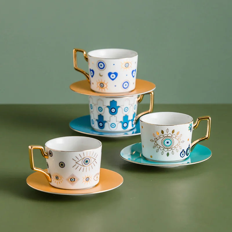 Evil Eye Ceramic Coffee Cup and Saucer Set