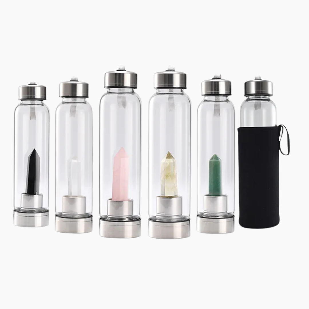 Crystal Infused Glass Water Bottle with Natural Gemstone