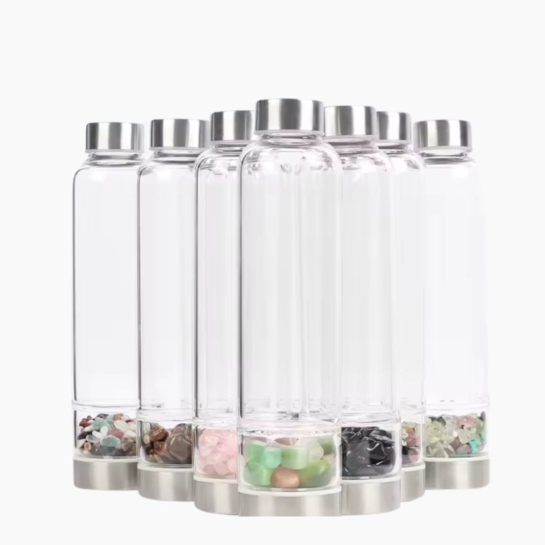 Crystal Infused Glass Water Bottle with Healing Stones