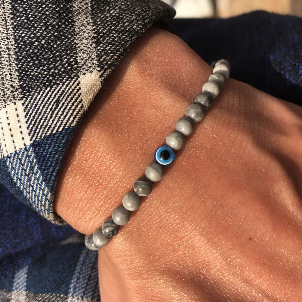 Men’s Natural Stone Beaded Bracelet with Evil Eye