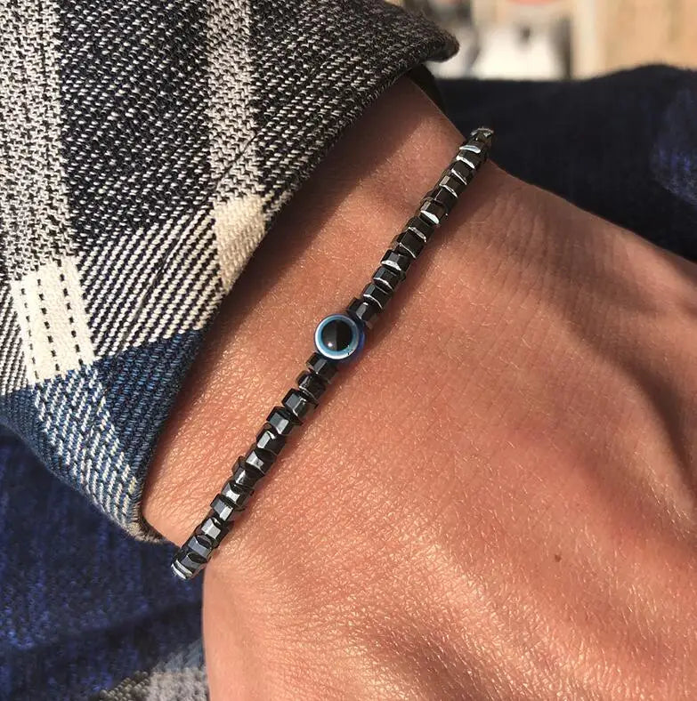 Men’s Natural Stone Beaded Bracelet with Evil Eye