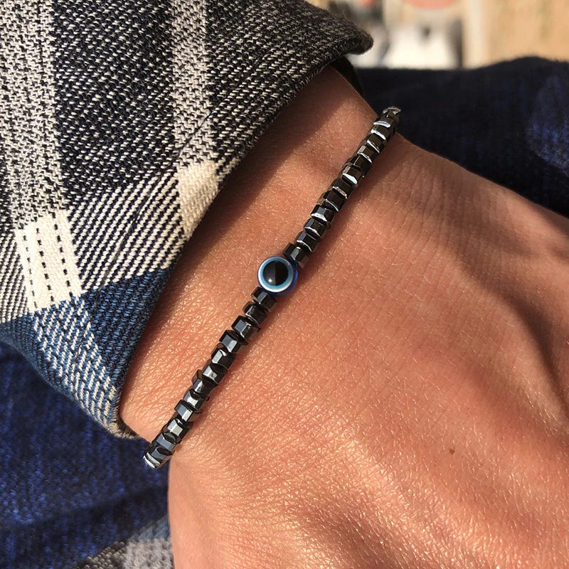 Men’s Natural Stone Beaded Bracelet with Evil Eye