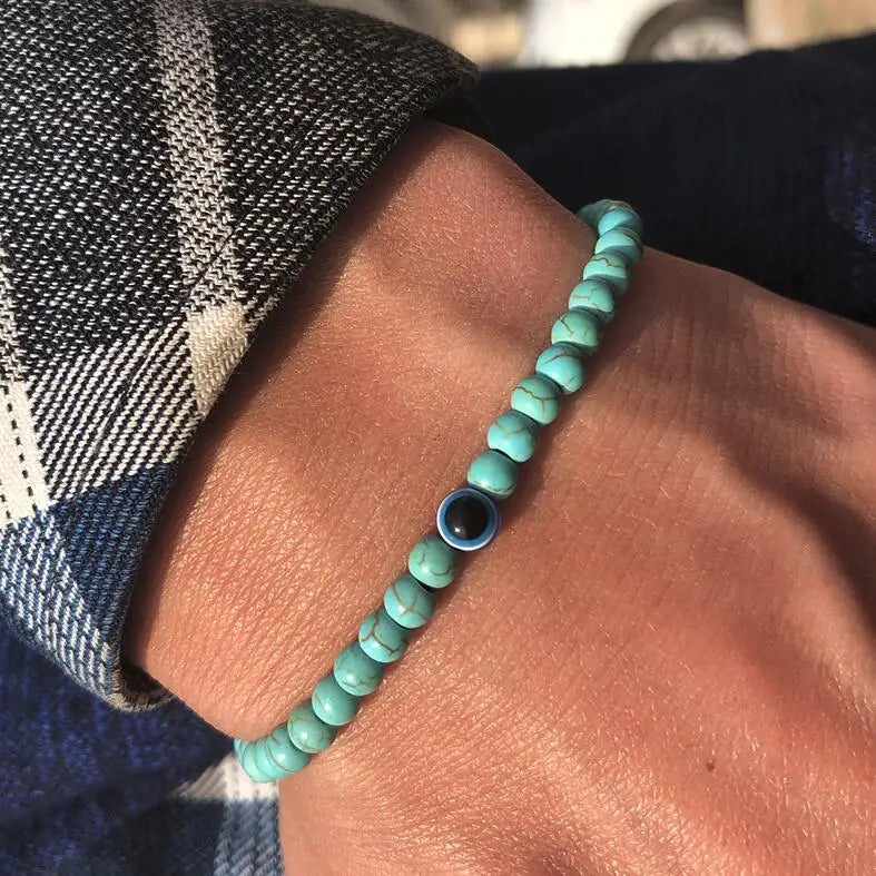 Men’s Natural Stone Beaded Bracelet with Evil Eye