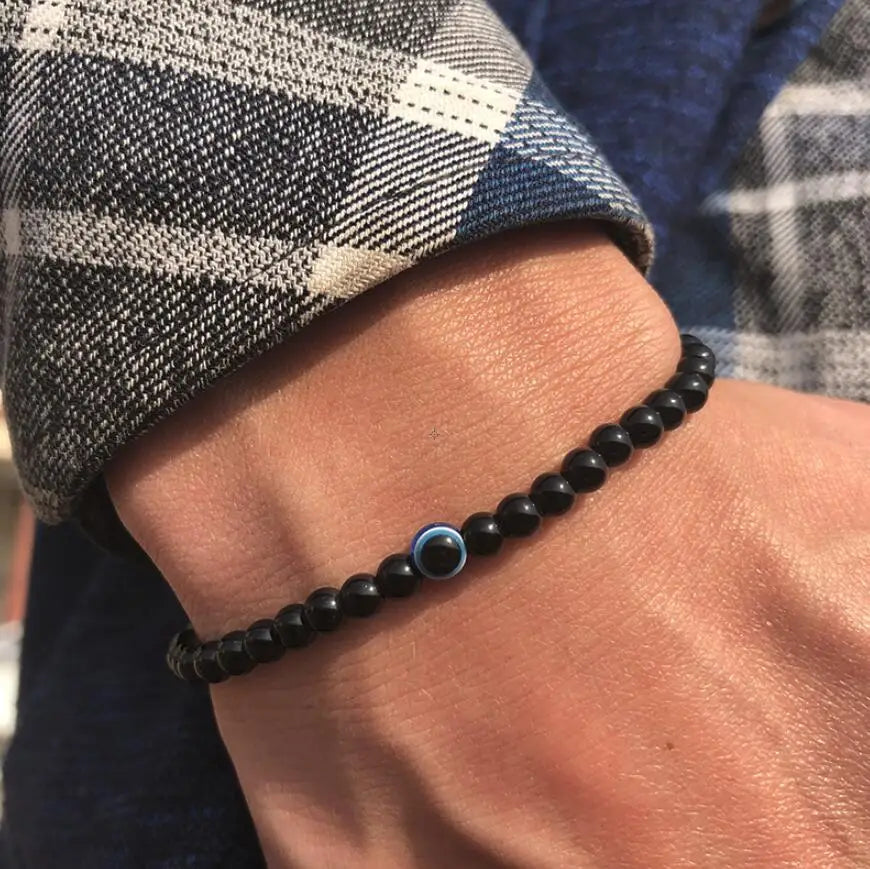 Men’s Natural Stone Beaded Bracelet with Evil Eye