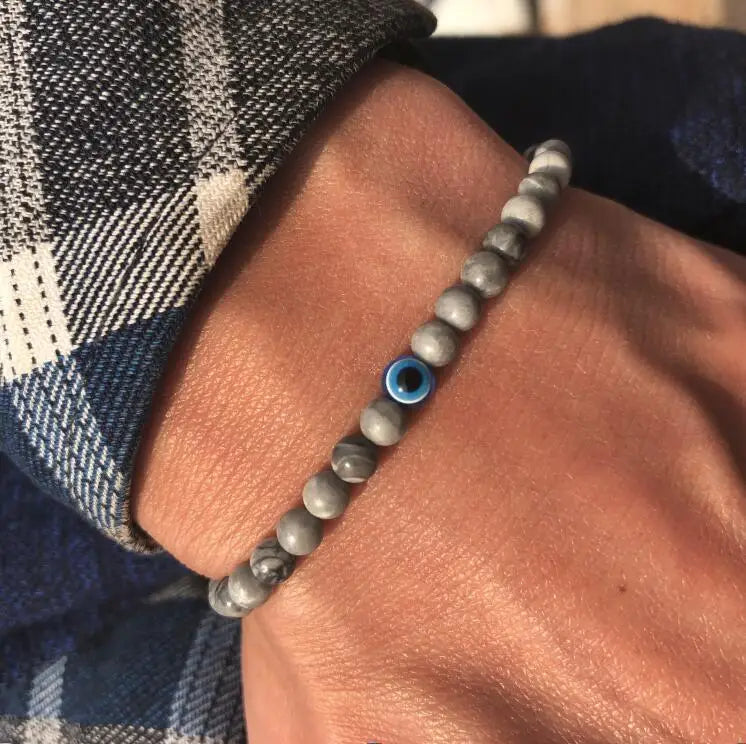 Men’s Natural Stone Beaded Bracelet with Evil Eye