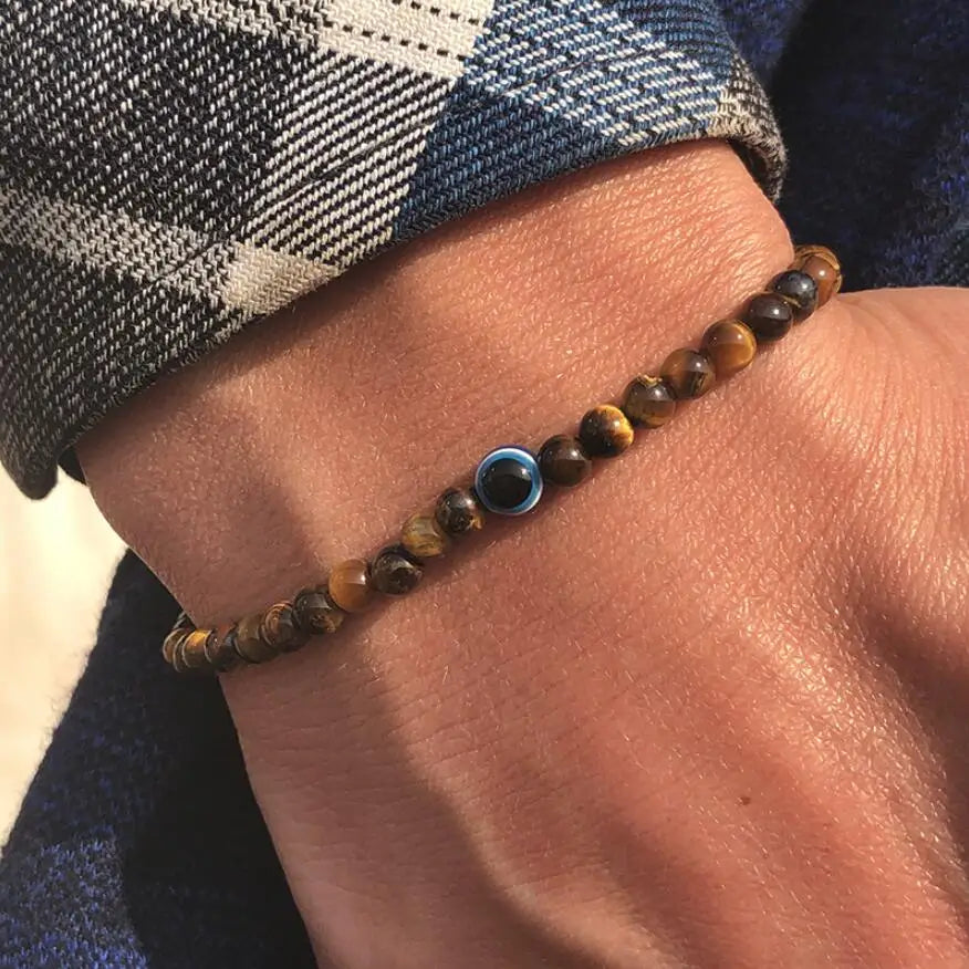 Men’s Natural Stone Beaded Bracelet with Evil Eye