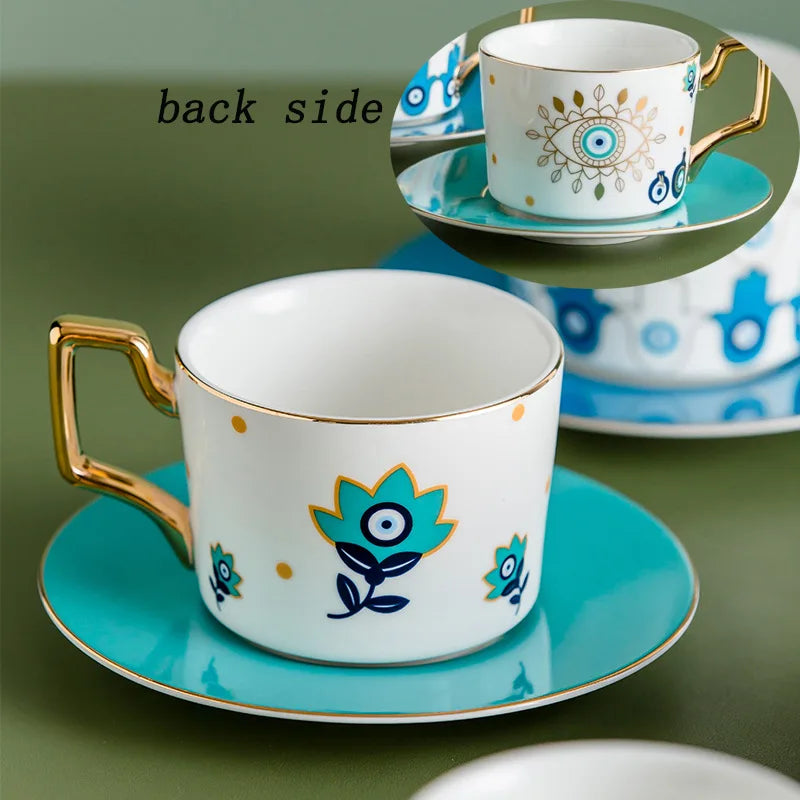 Evil Eye Ceramic Coffee Cup and Saucer Set