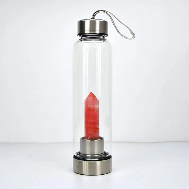 Crystal Infused Glass Water Bottle with Natural Gemstone