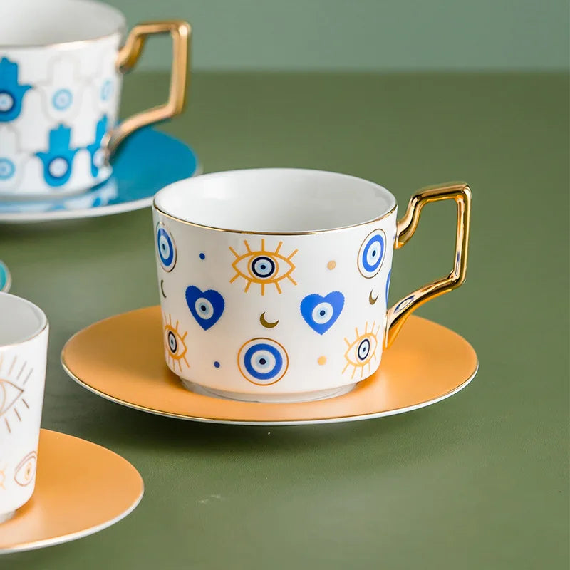 Evil Eye Ceramic Coffee Cup and Saucer Set