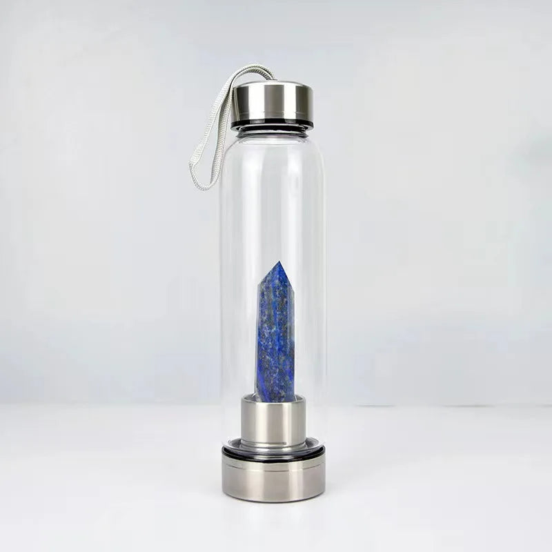 Crystal Infused Glass Water Bottle with Natural Gemstone