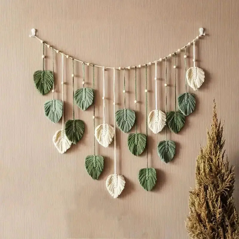 Boho Macrame Leaf and Feather Wall Tapestry