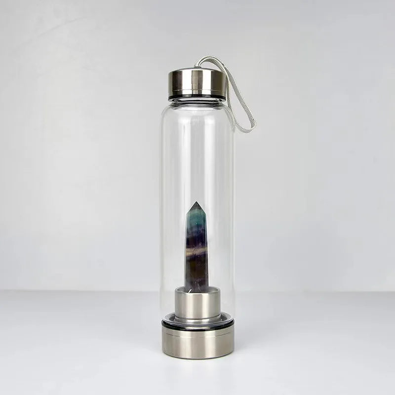 Crystal Infused Glass Water Bottle with Natural Gemstone