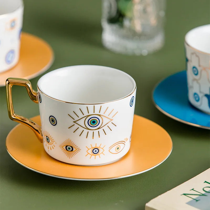 Evil Eye Ceramic Coffee Cup and Saucer Set
