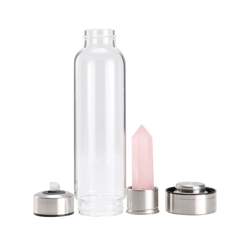 Crystal Infused Glass Water Bottle with Natural Gemstone