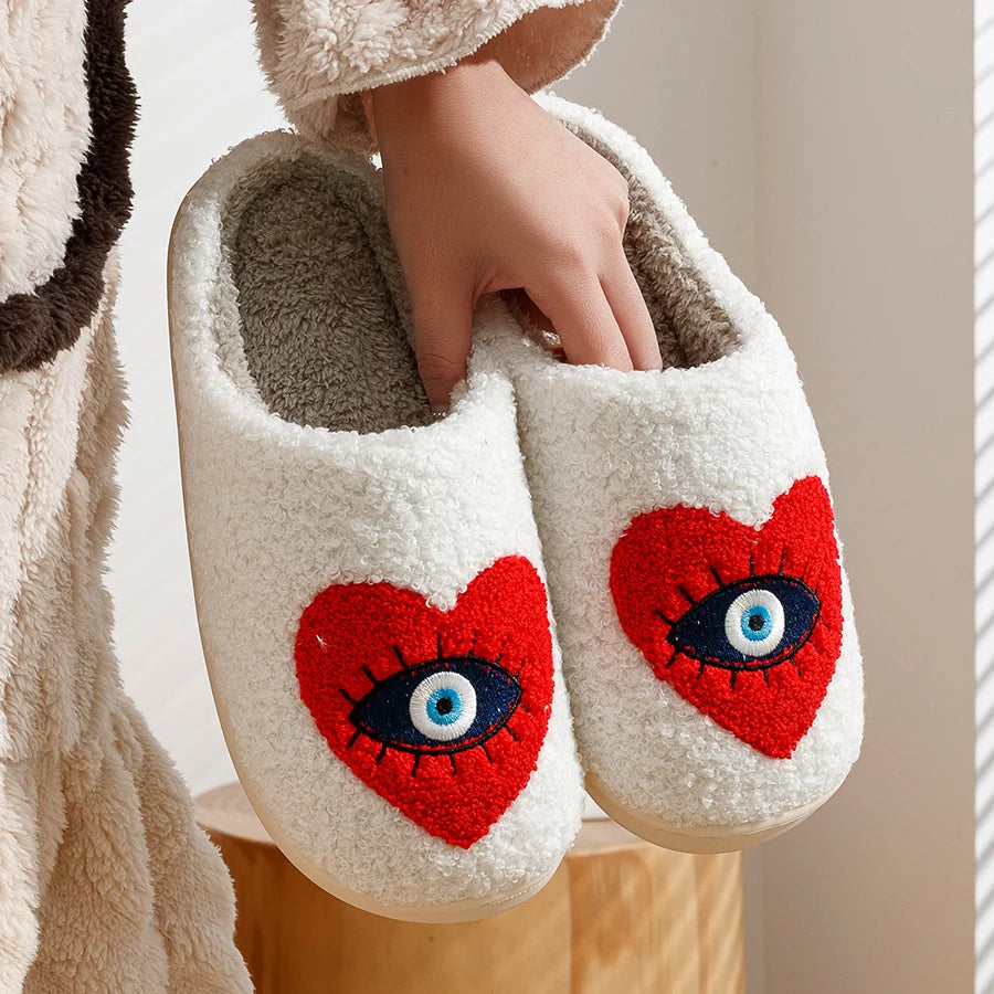 Evil Eye Embroidered Fuzzy Slippers