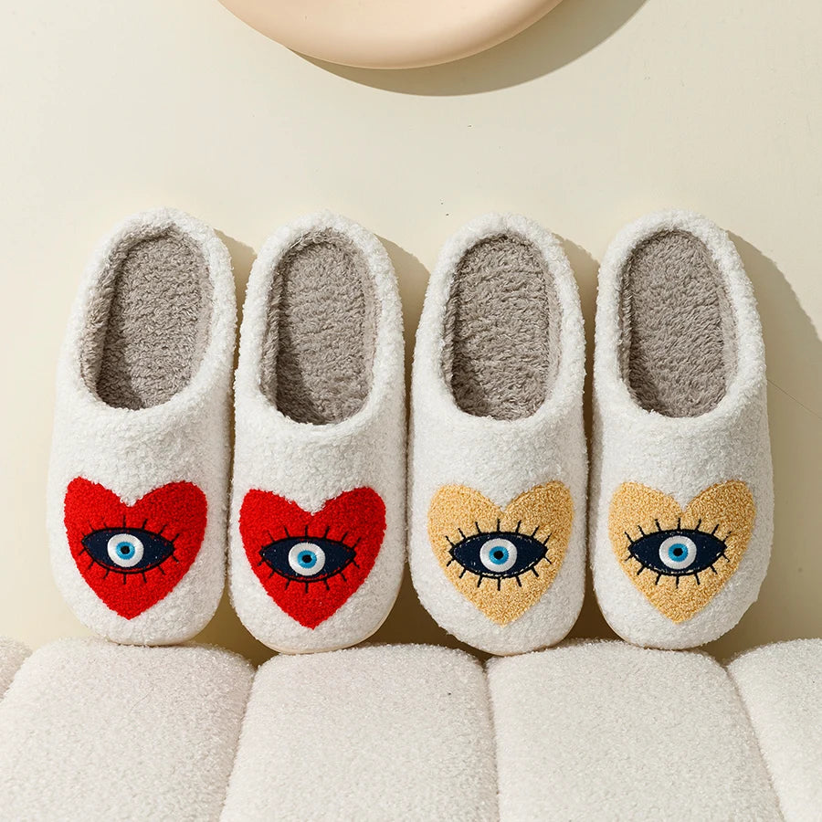 Evil Eye Embroidered Fuzzy Slippers
