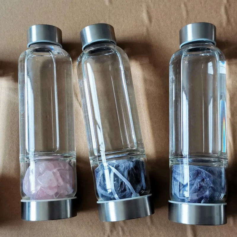 Crystal Infused Glass Water Bottle with Healing Stones