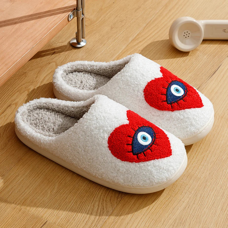Evil Eye Embroidered Fuzzy Slippers