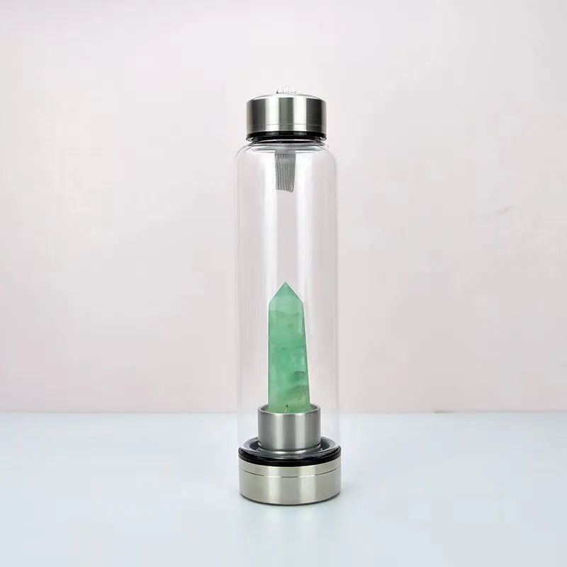 Crystal Infused Glass Water Bottle with Natural Gemstone