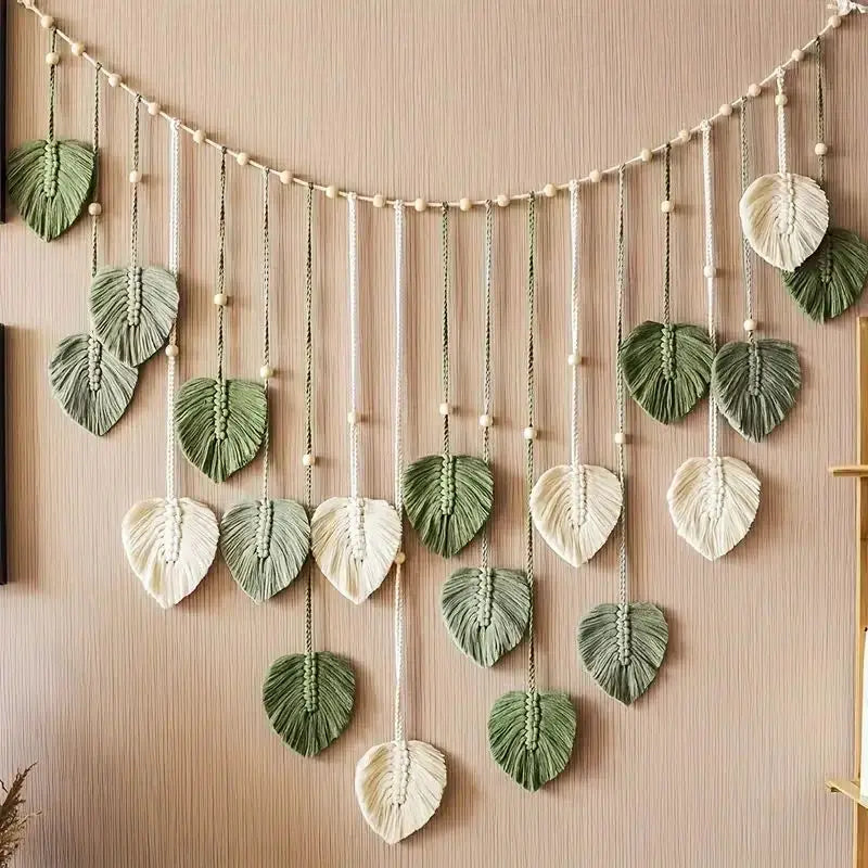 Boho Macrame Leaf and Feather Wall Tapestry