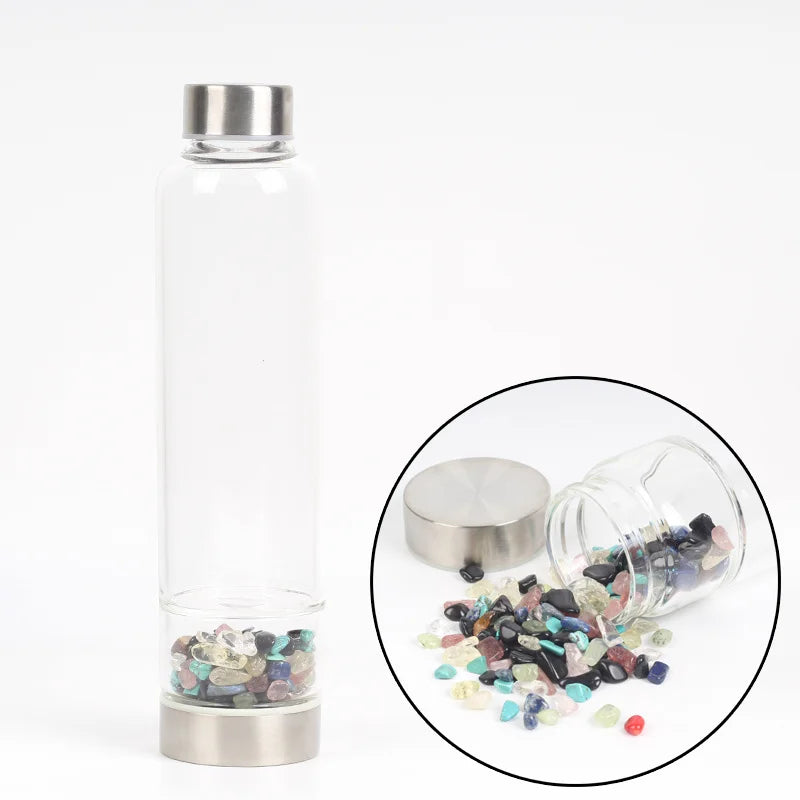 Crystal Infused Glass Water Bottle with Healing Stones
