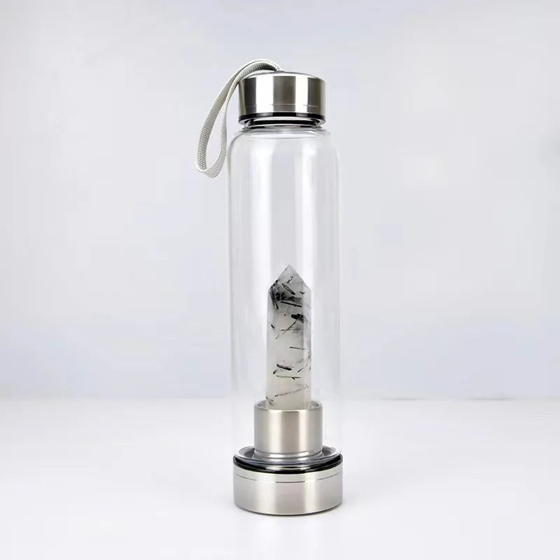 Crystal Infused Glass Water Bottle with Natural Gemstone