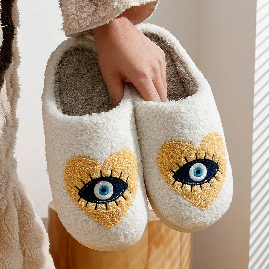 Evil Eye Embroidered Fuzzy Slippers