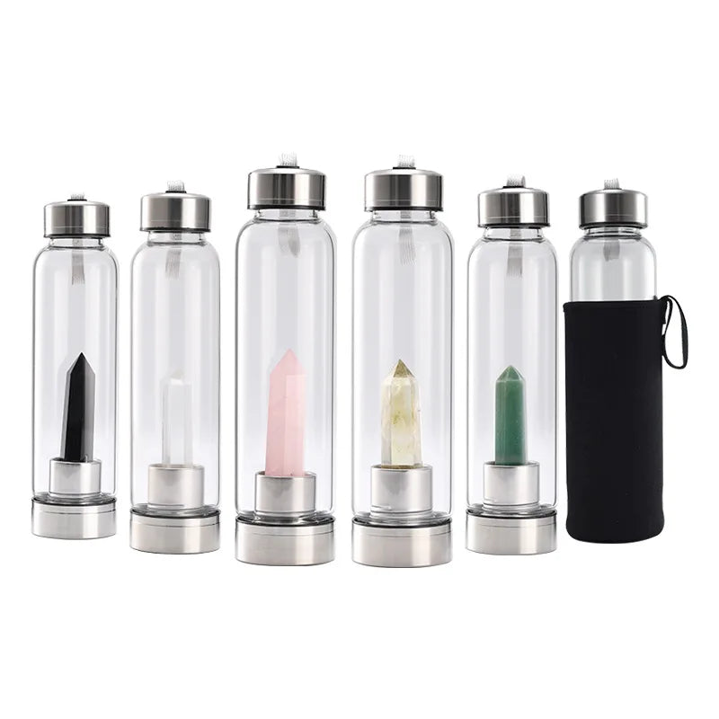 Crystal Infused Glass Water Bottle with Natural Gemstone