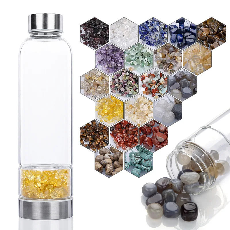 Crystal Infused Glass Water Bottle with Healing Stones