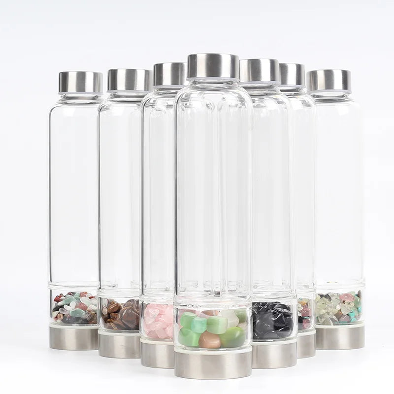 Crystal Infused Glass Water Bottle with Healing Stones