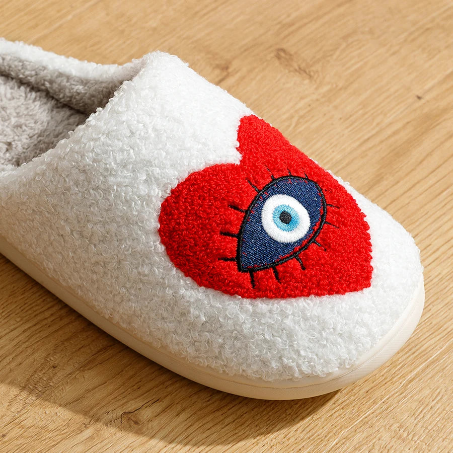 Evil Eye Embroidered Fuzzy Slippers