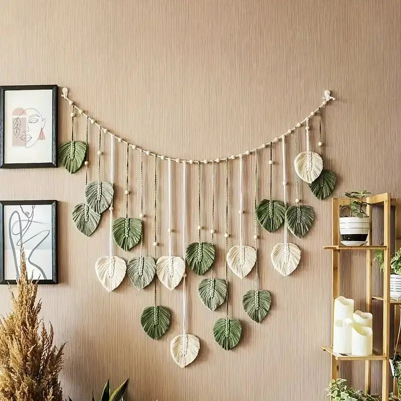 Boho Macrame Leaf and Feather Wall Tapestry