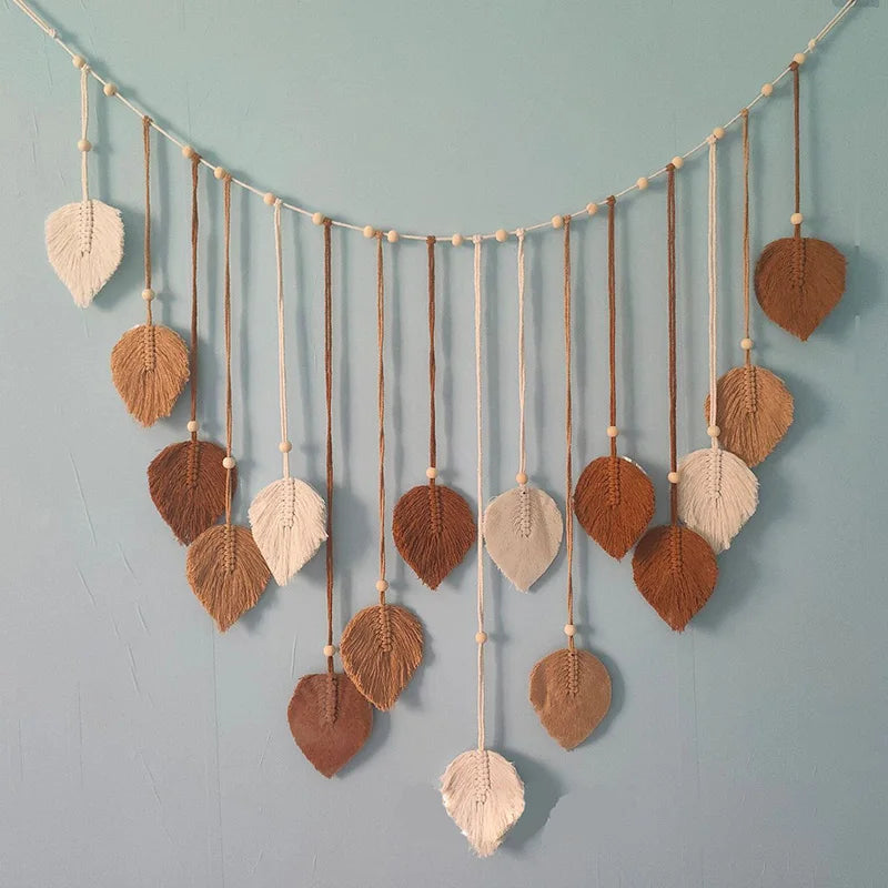Boho Macrame Leaf and Feather Wall Tapestry