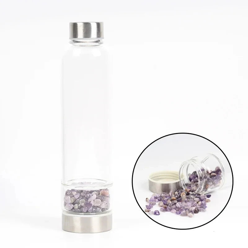 Crystal Infused Glass Water Bottle with Healing Stones