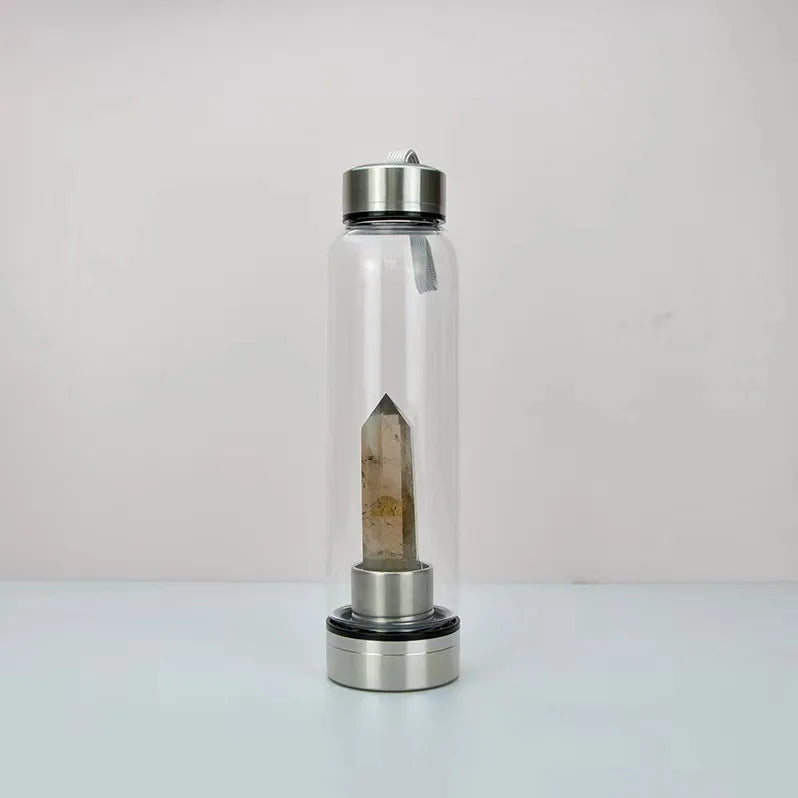 Crystal Infused Glass Water Bottle with Natural Gemstone