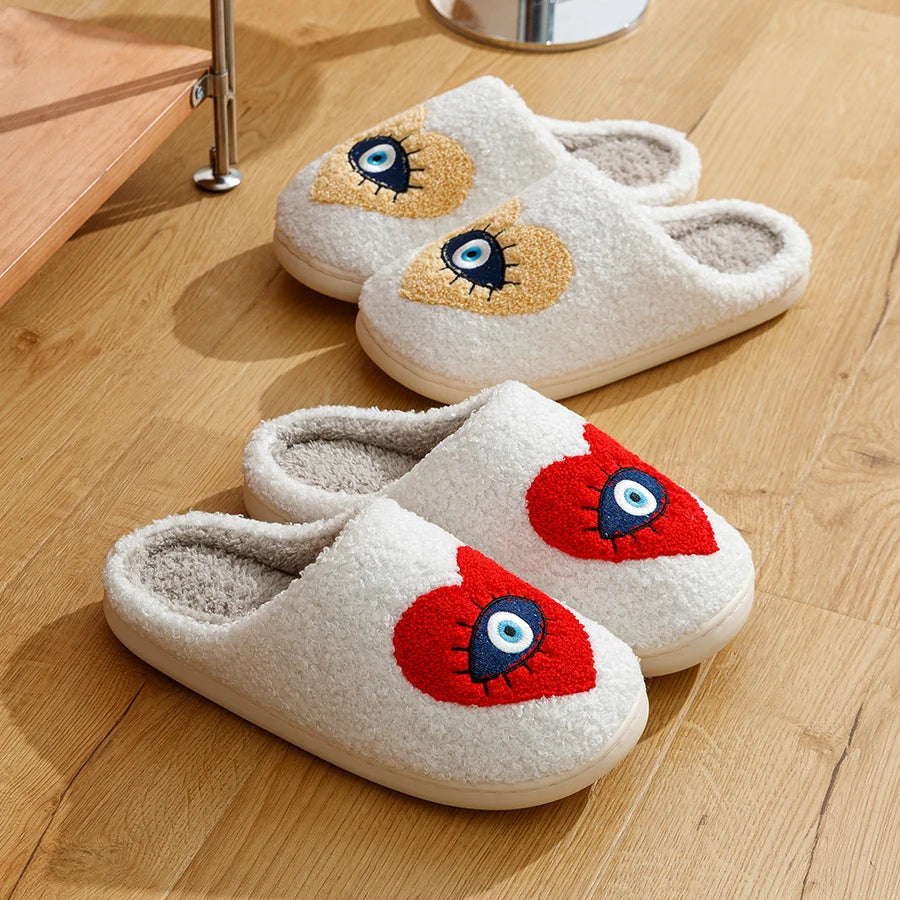 Evil Eye Embroidered Fuzzy Slippers