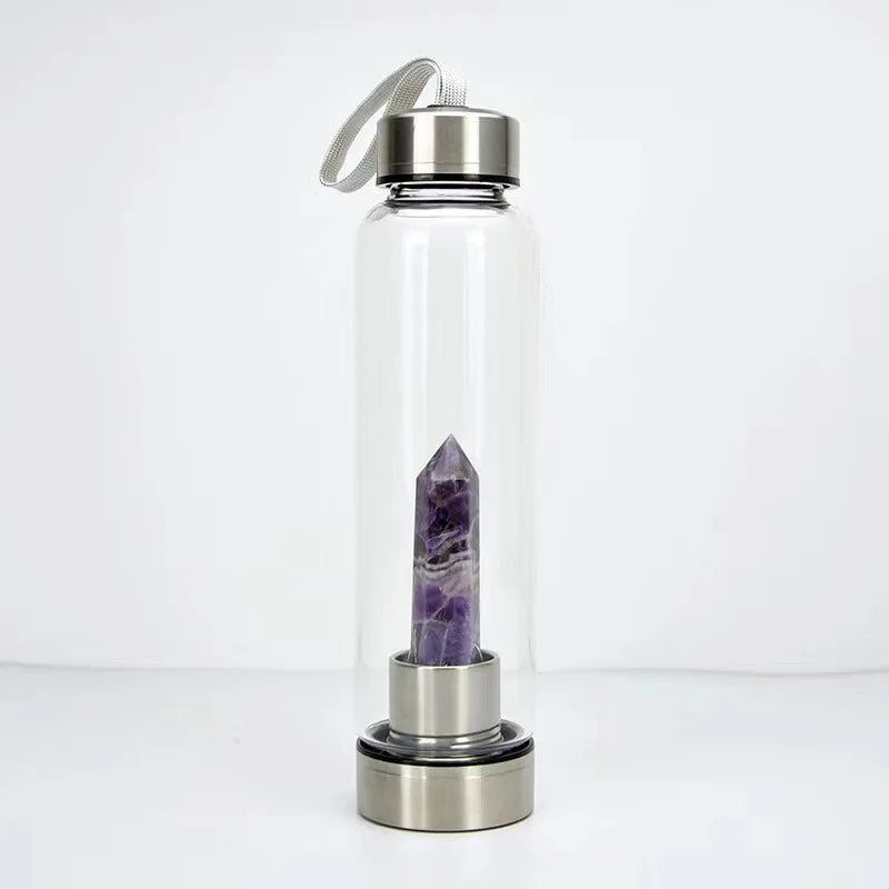 Crystal Infused Glass Water Bottle with Natural Gemstone