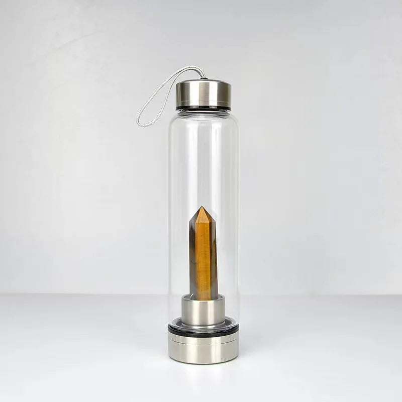 Crystal Infused Glass Water Bottle with Natural Gemstone