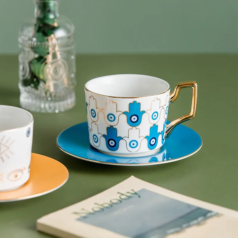Evil Eye Ceramic Coffee Cup and Saucer Set