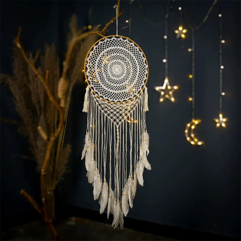 Boho Macrame Dreamcatcher Wall Hanging with Feathers