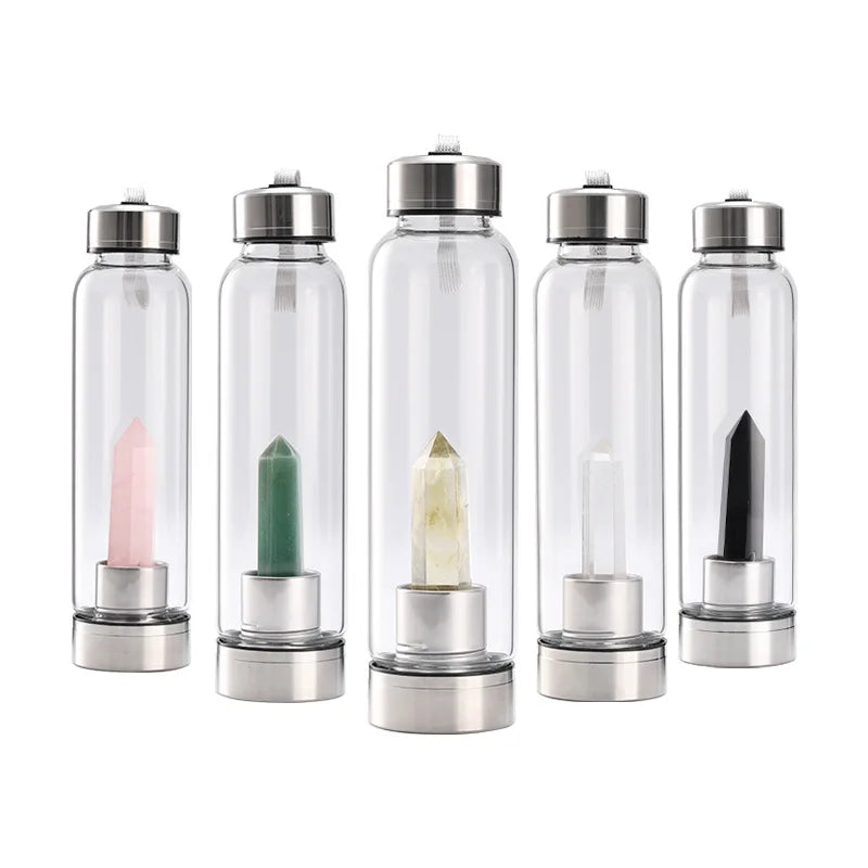 Crystal Infused Glass Water Bottle with Natural Gemstone