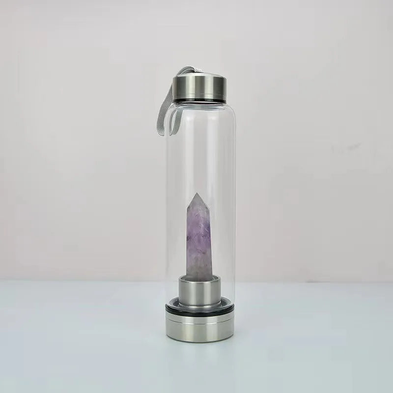 Crystal Infused Glass Water Bottle with Natural Gemstone