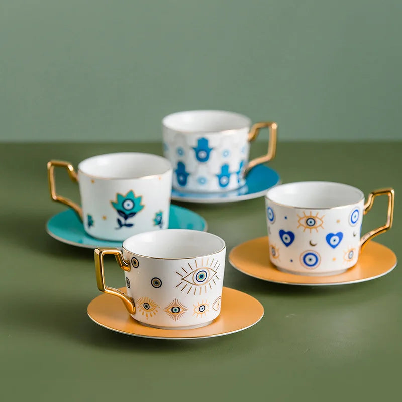 Evil Eye Ceramic Coffee Cup and Saucer Set