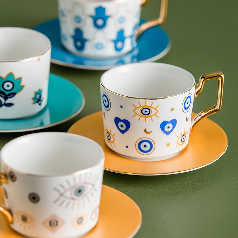 Evil Eye Ceramic Coffee Cup and Saucer Set