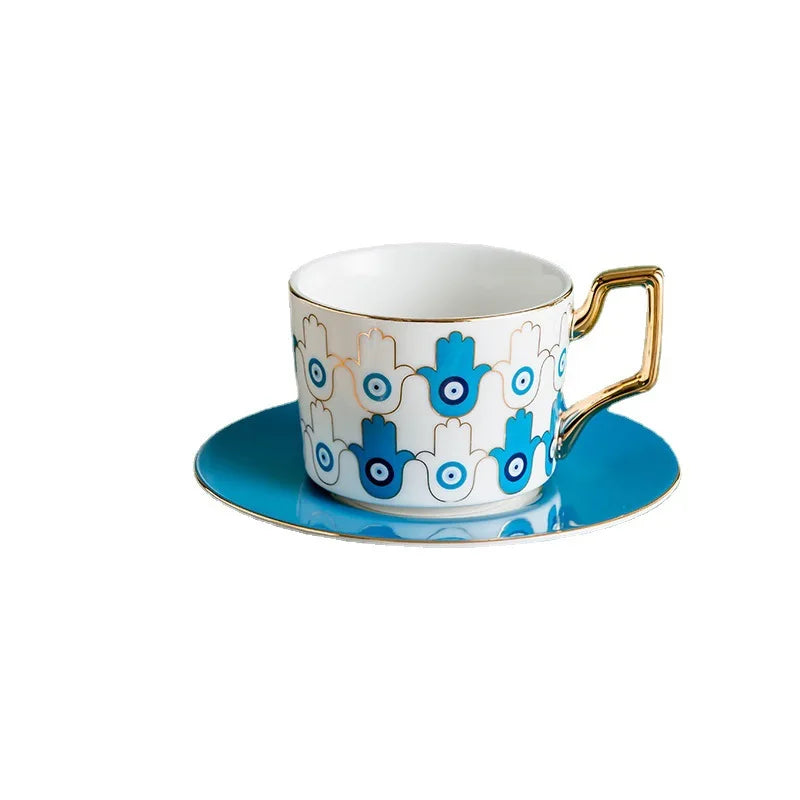 Evil Eye Ceramic Coffee Cup and Saucer Set